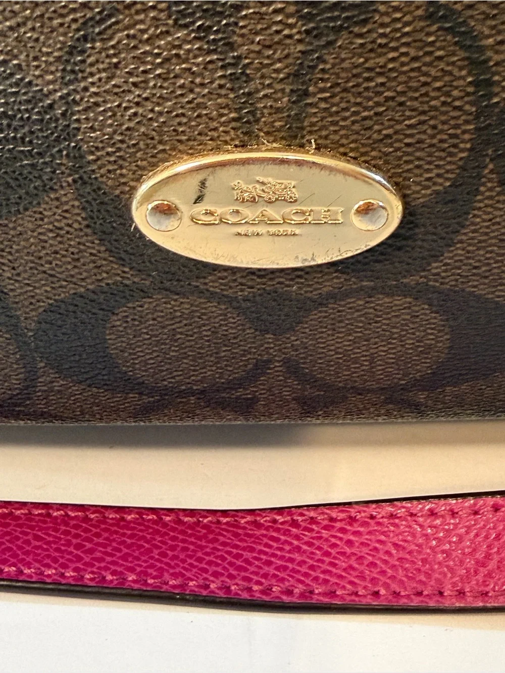 Coach Celeste Convertible Brown Signature Hobo with Fuchsia Leather Accents